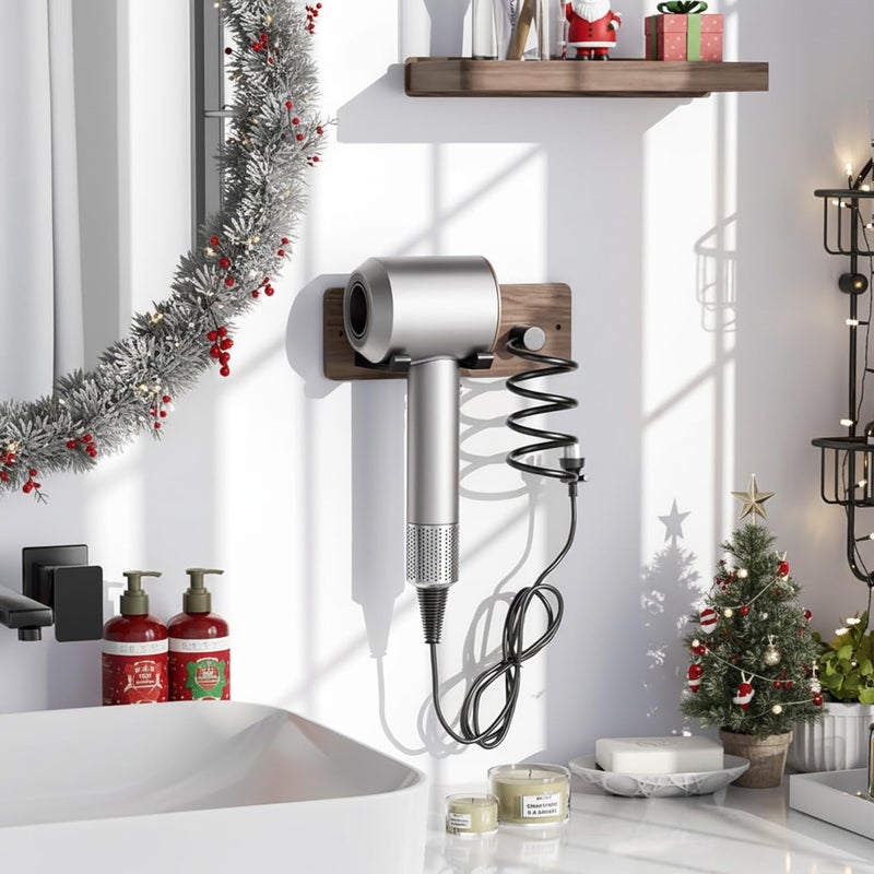 Tindbea Hair Dryer Holder Curling Iron Holder, Blow Dryer Holder Wall Mount, Bathroom Hair Tool Organizer Rack for Universal Dryer, Walnut Matte Black - Image 2